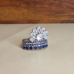 PRIVIU Silver-Plated American-Diamond Studded Floral Design Adjustable Finger Ring-image-65