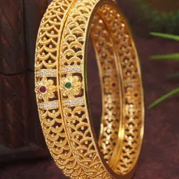 SGA FASHION Set Of 2 Gold-Plated Zircon Stone Studded Temple Design Bangles-image-66
