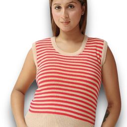 LeafBird Women Striped Round Neck Sleeveless Woollen Top-picture-2