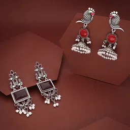 Sangria Set Of 2 Silver-Plated Artificial Stone Studded & Beaded Drop Earrings-picture-28