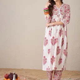 Indo Era White Printed A-Line Co-OrdsSet-picture-24