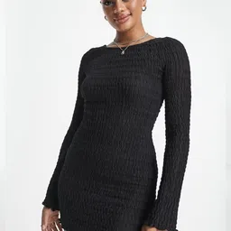 Fragancia Textured Boat Neck Smocked Backless Bodycon Mini Dress-picture-37