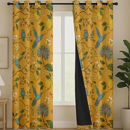 BFAM Yellow & Blue Floral Thermal Insulated 2 Pieces Long Door Black Out Eyelet Curtains-picture-38