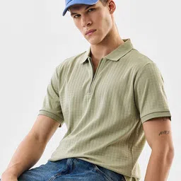 Snitch Olive Green Ribbed Polo Collar Drop-Shoulder Sleeves Pure Cotton T-shirt-picture-15
