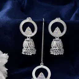 Anouk Stainless Steel Silver-Plated Artificial Stones Studded Maang Tika andJhumkas-picture-31