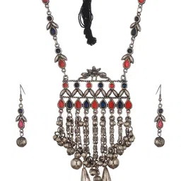 Sangria Oxidised Silver-Plated Stone-Studded & Beaded Jewellery Set image 5