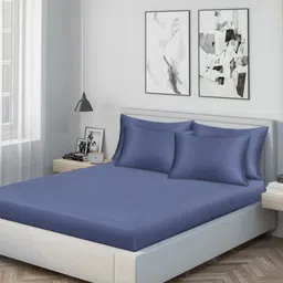 KLOTTHE Blue 300 TC Double Fine Flat Bedsheet & 4 Pillow Covers-98 In x 88 In-picture-39