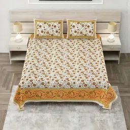 SP DESIGNS White & Yellow Floral Pure Cotton 240 TC Super King Bedsheet Set-2.74m X 2.74m-picture-14