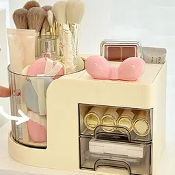 HOUSE OF QUIRK Cream-Colored 360 Rotating Desk Organizer With Mirror 2 Drawers & 7 Slots-image-87