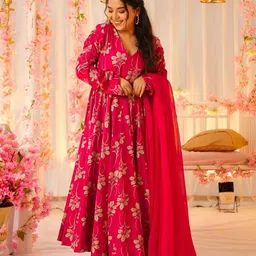 Ekta Textiles Women Floral Printed Anarkali Kurta with Trousers & Dupatta image 5