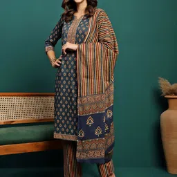 BANDIA Floral Printed Pure Cotton Kurta with Trousers & With Dupatta image 3