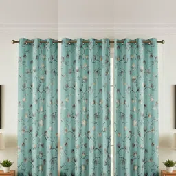 GEET CREATIONS Blue & Gold-Toned Set of 3 Floral Room Darkening Window Curtain-image-75