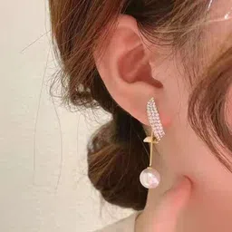 GOLDIWALA Korean Gold-Plated Stones Studded & Pearls Beaded Spherical Drop Earrings image 4