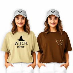 Infirax Women 2 Printed Drop-Shoulder Sleeves Applique T-shirt-image-9