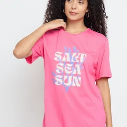 Mast & Harbour Women Typography Printed Round Neck Cotton Relaxed Fit T-shirt-image-57