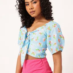 DressBerry Girly Glam Floral Printed Bow Deatiled Fitted Crop Top image 5