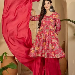 Sangria Floral Printed Round Neck Panelled Anarkali Kurta With Palazzos & Dupatta-picture-23