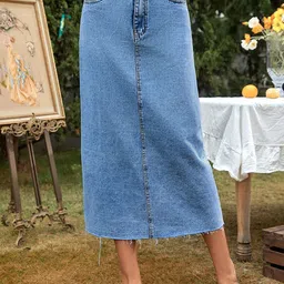 Outzidr Midi Straight Freyed Hem Denim Skirt-picture-40