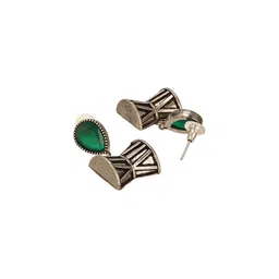 Saraf RS Jewellery Rhodium Plated Emerald AD Zircon Studded Oxidised Damru Shaped Studs image 4