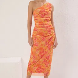 Trendyol Turuncu Women Floral Printed Ruched One Shoulder Sleeveless Sheath Midi Dress-picture-15