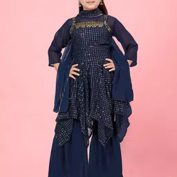 Sangria Girls Ethnic Motifs Embroidered Georgette A-Line Kurta & Sharara with Dupatta-picture-11