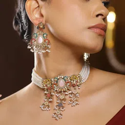 Rubans 22K Gold-Plated Multicolor Zircon Stone Studded & Pearl Beaded Choker Necklace Set-picture-39