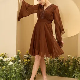 Antheaa Women Flared Sleeve Embellished Fit & Flare Dress image 2