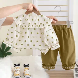 INCLUD Girls Polka Dot Printed Round Neck Top With Bow And Pants Set image 3