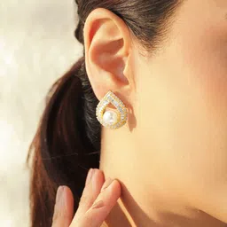 Rubans Voguish 18K Gold-Plated Crystals Studded And Pearls Beaded Teardrop Shaped Studs image 5