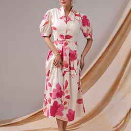 JISORA Floral Printed Shirt Style Puff Sleeve Midi Dress-image-7