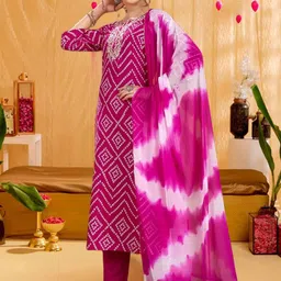 Vidusha Women Bandhani Printed Cotton Kurta with Trousers & Dupatta image 3