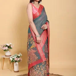 Suraj pari singh Ethnic Motifs Printed Zari Patta Linen Cotton Saree & Blouse Piece image 3