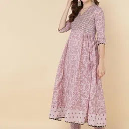 HERE&NOW Ethnic Motifs Embroidered Pure Cotton Anarkali Kurta with Trousers & Dupatta image 3