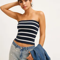 CORSICA Women Striped Strapless Cotton Tube Crop Top image 1
