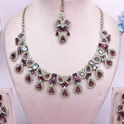 VATSALYA creation Alloy Gold- plated Purple Jewellery Set image 2