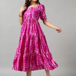 Raiyani Enterprise Women Printed Square Neck Tiered Puff Sleeve Fit & Flare Midi Dress-image-33