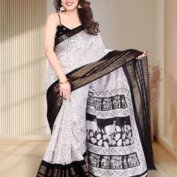 MAGNEITTA Kalamkari Print Zari SareeWith Unstitched Blouse Piece-picture-36