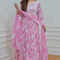 KALINI Floral Printed Mirror Work Pure Cotton Anarkali Kurta With Palazzo & Dupatta-picture-25