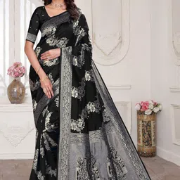 VASTRAAVEDAA Floral Woven Design Zari Banarasi Saree With Unstiched Blouse Piece-picture-13