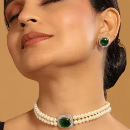 nuyug Yinara Rhodium-Plated Emerald Stones-Studded & Beaded Jewellery Set-picture-37