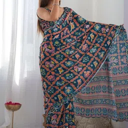 PAYAL CREATION Ethnic Motifs Mirror Work Bandhani Saree With Blouse Piece image 3