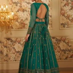 FABPIXEL Embroidered Sequinned Semi-Stitched Organza Lehenga & Blouse With Dupatta image 3