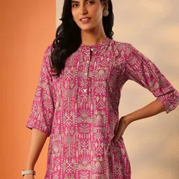 Libas Women Ethnic Motifs Print Mandarin Collar Straight Kurti image 2