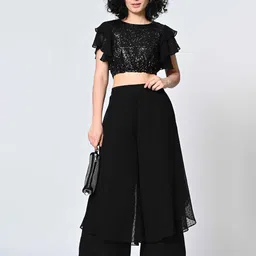 BAESD Women Embellished Round Neck Flutter Sleeve Crop Top image 4