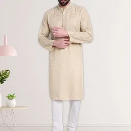 Excent Floral Embroidered Mandarin Collar Chikankari Kurta With Pyjamas-picture-29