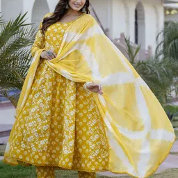 Anouk Yellow Floral Printed Panelled Pure Cotton Anarkali Kurta With Trousers & Dupatta image 4