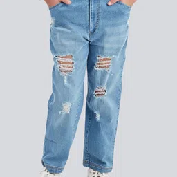 Olele Girls Stretchable Cotton Denim Distressed Washed Jeans Pant-image-35
