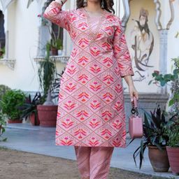TRAHIMAM Women Ethnic Motifs Printed Cotton Kurta with Trousers-picture-31