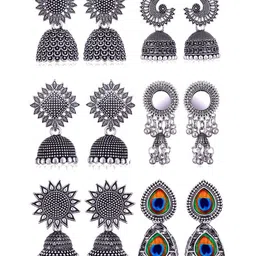 Sangria Set Of 6 Silver Plated Oxidised Dome Shaped Jhumkas-image-96