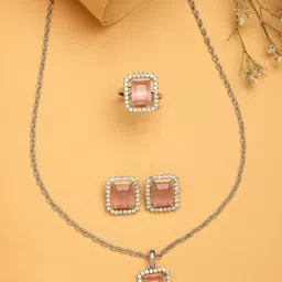 ZENEME Rhodium-Plated AD Stone-Studded Jewellery Set-image-95